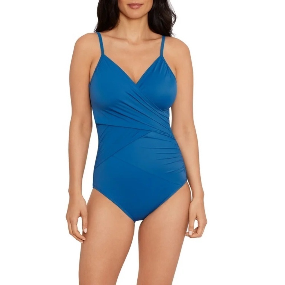 Embrace Your Curves blue ruched modest slimming 1 piece swimsuit, XL.